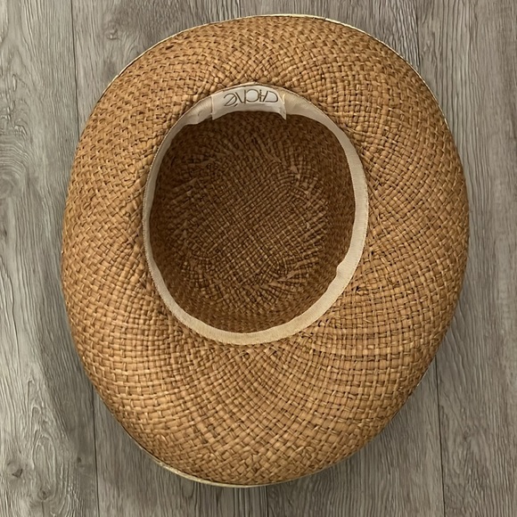 VINTAGE HAT 80s CACHÉ Straw Gold Metallic Shiny Lame Band+Rim Sun Beach Hiking - Picture 9 of 12